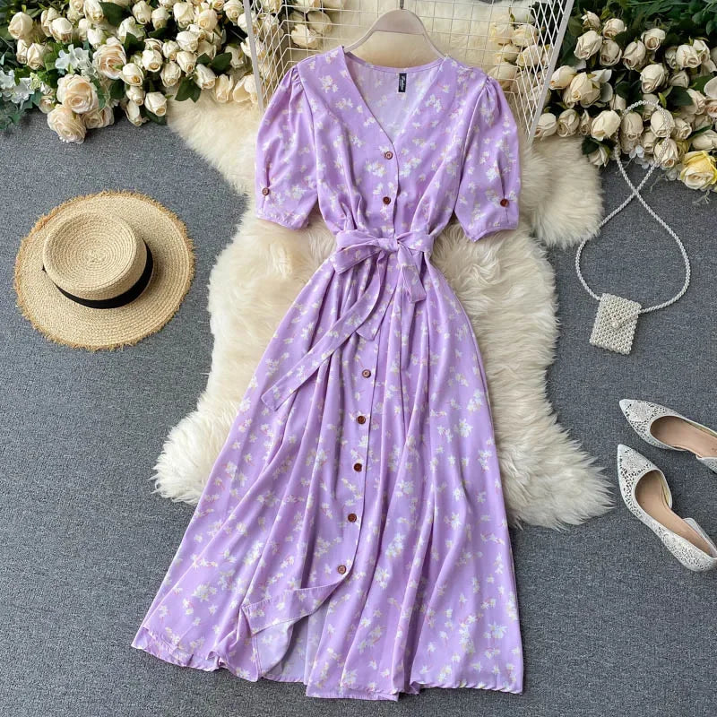 Midi floral dress with V-neck, puff sleeves and belt for women