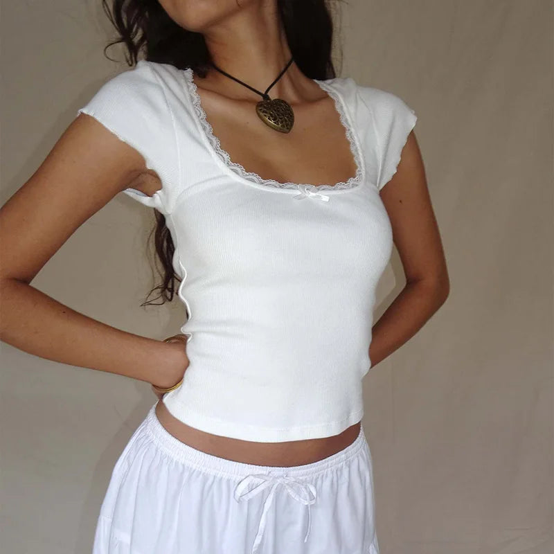 Y2K Coquette Top with Square Neckline and Knitted Lace Trim