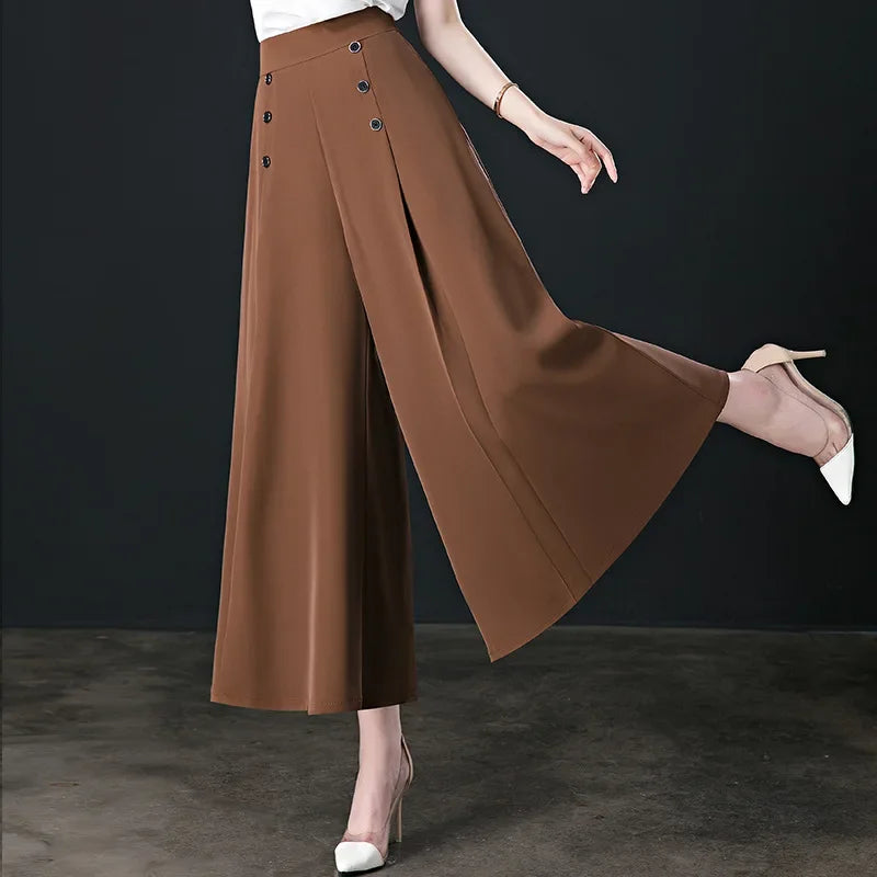 Pantalon culotte taille haute à boutons décoratifs – Respirant pour l'été