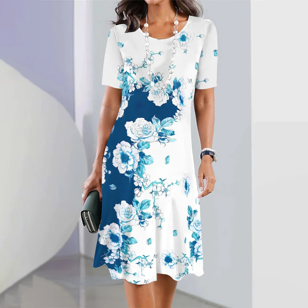 Floral midi dress for women – elegant with short sleeves and flowing