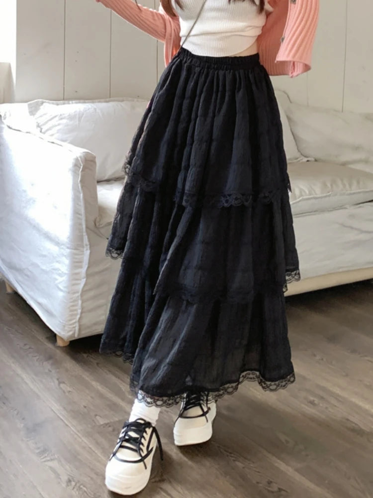 Long gothic skirt with layered lace ruffles - high waist and gathered