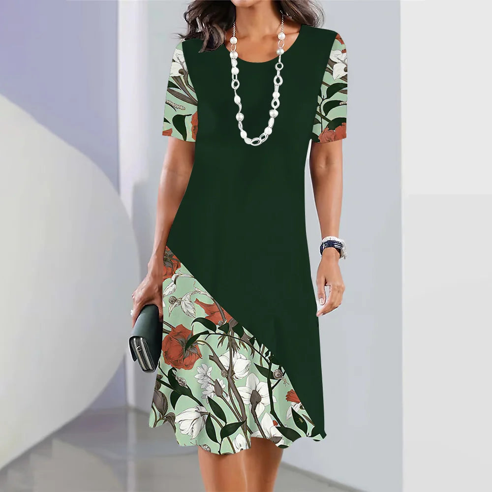 Floral midi dress with short sleeves, loose and elegant for women