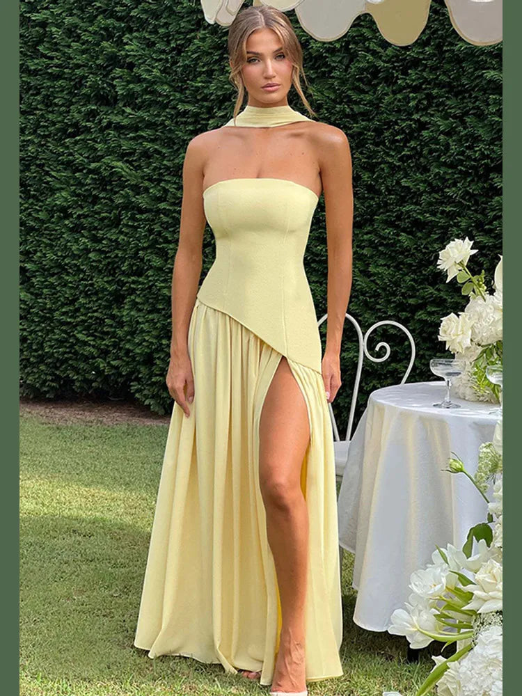 Robe plissée bustier – Robe de soirée dos nu à fente haute pour femme