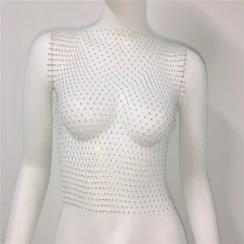 Sleeveless transparent mesh top decorated with rhinestones for women