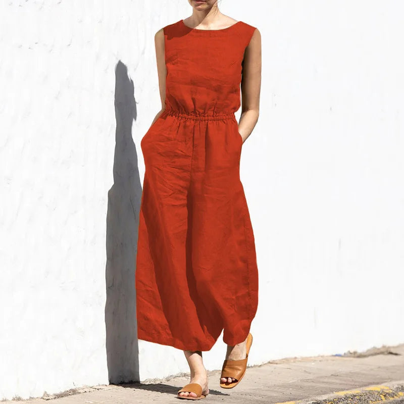 Combinaison en lin ample sans manches poches taille haute fluide