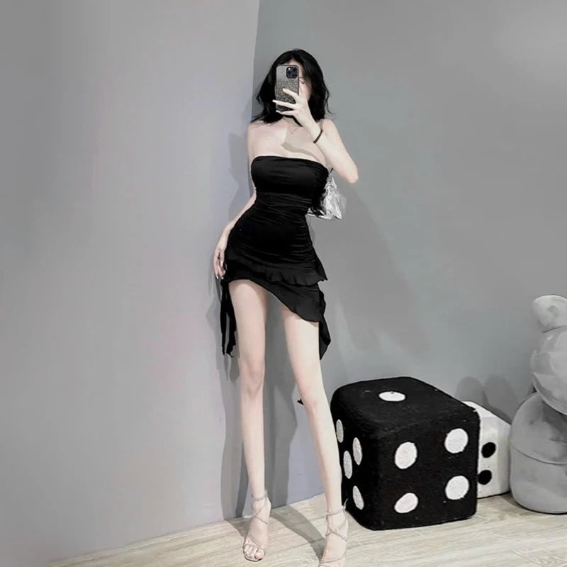 Dress with flounced hem, fitted bustier, asymmetrical, chic evening