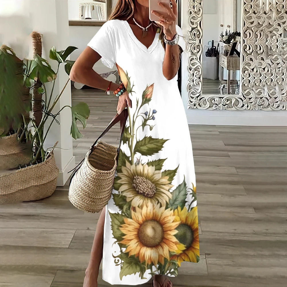 Floral midi dress with V-neck, short sleeves, loose fit for women