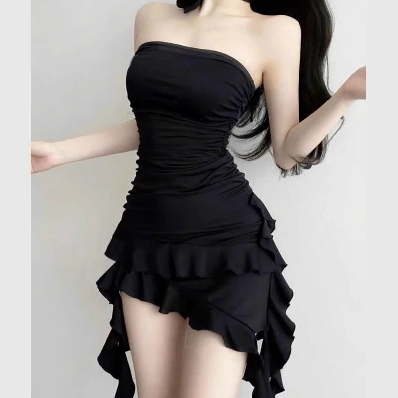 Dress with flounced hem, fitted bustier, asymmetrical, chic evening