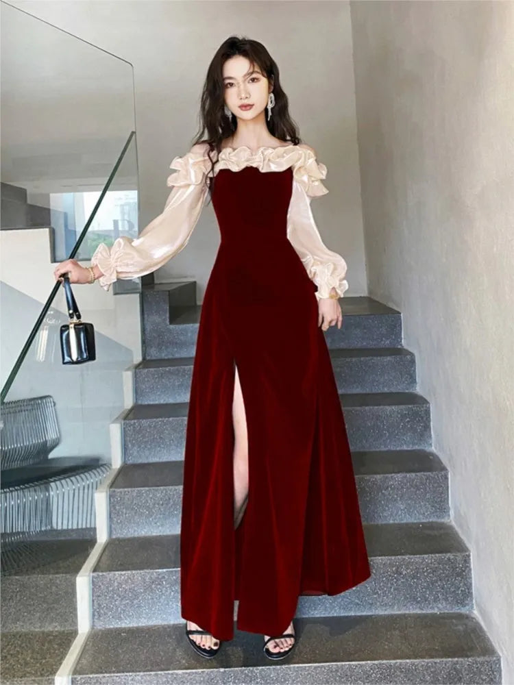 Elegant flounced hem dress with off-shoulder neckline & slit for women