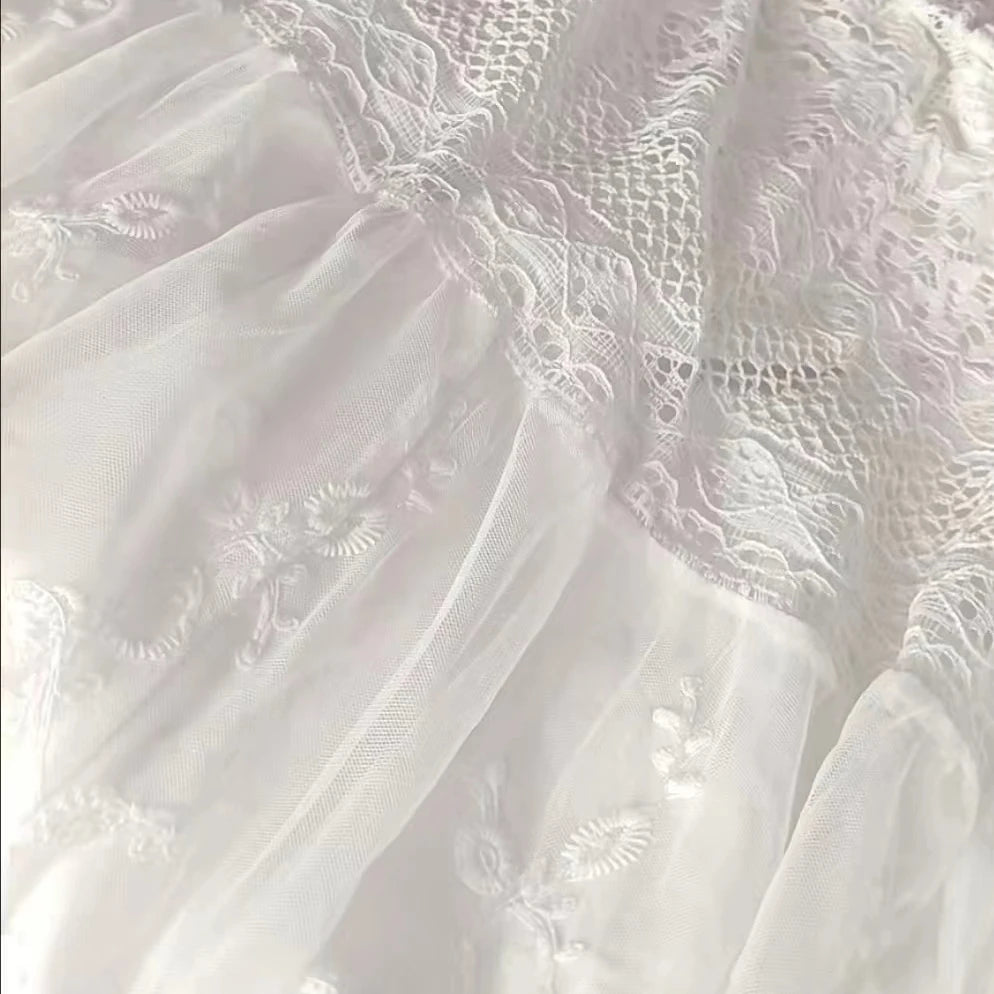 Long trapeze skirt high waist with lace, openwork details - elegant and soft