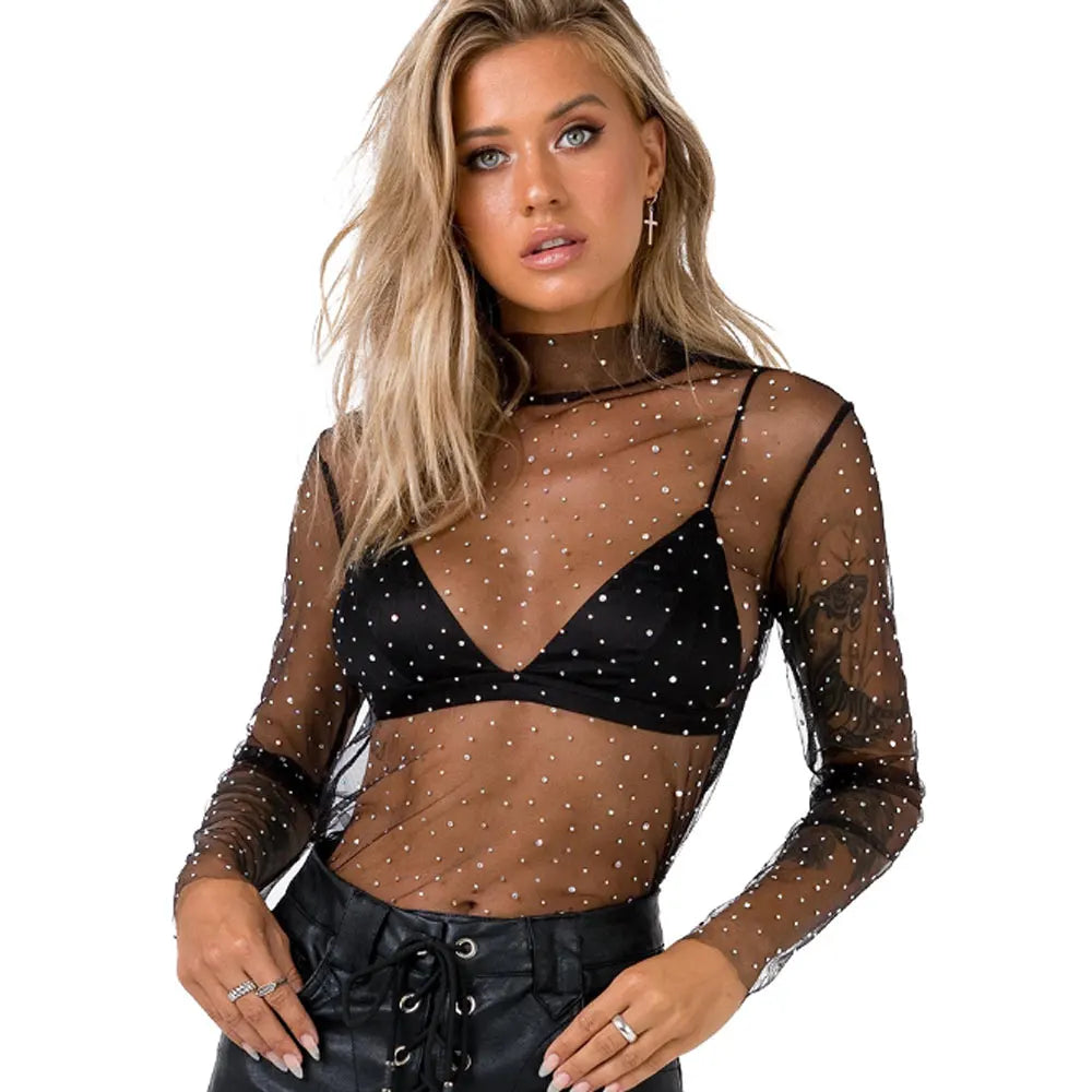 Trendy short transparent mesh sequin top for women