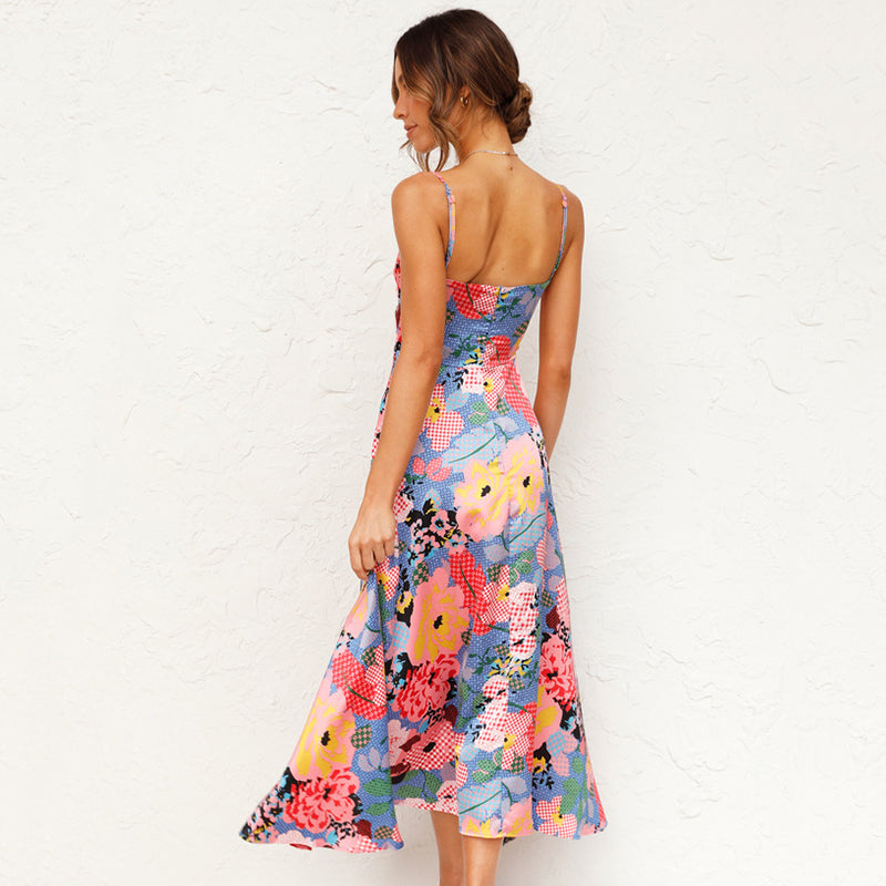 Elegant flowy floral midi dress with straps and front bow for women