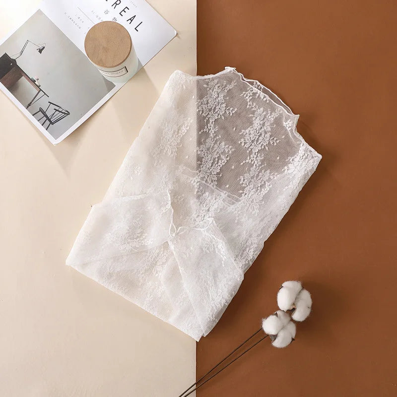 Transparent mesh top with long floral lace sleeves for women