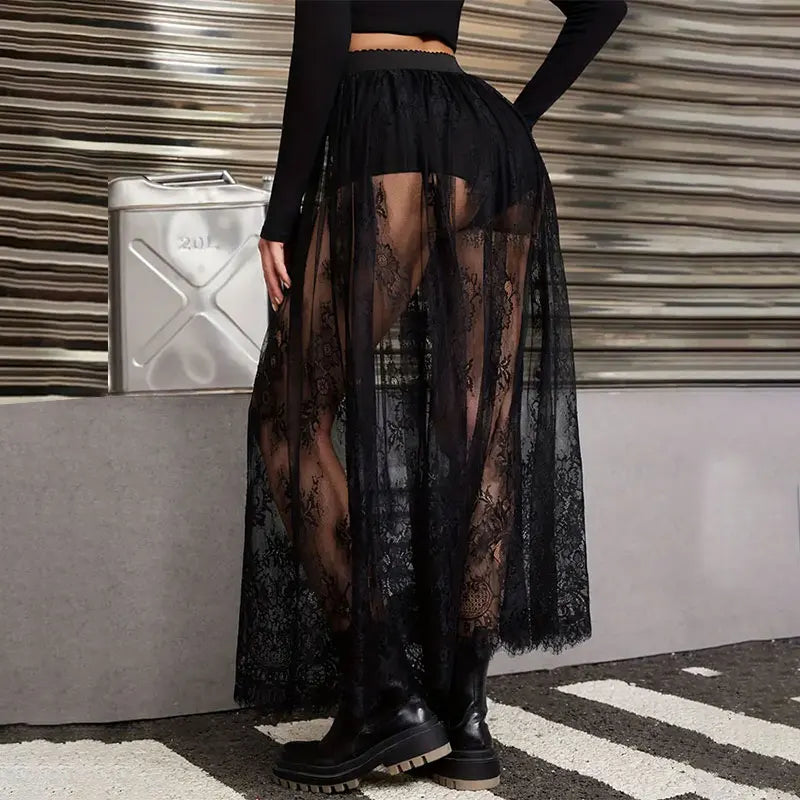 Long gothic high-waisted skirt in transparent lace for evening wear