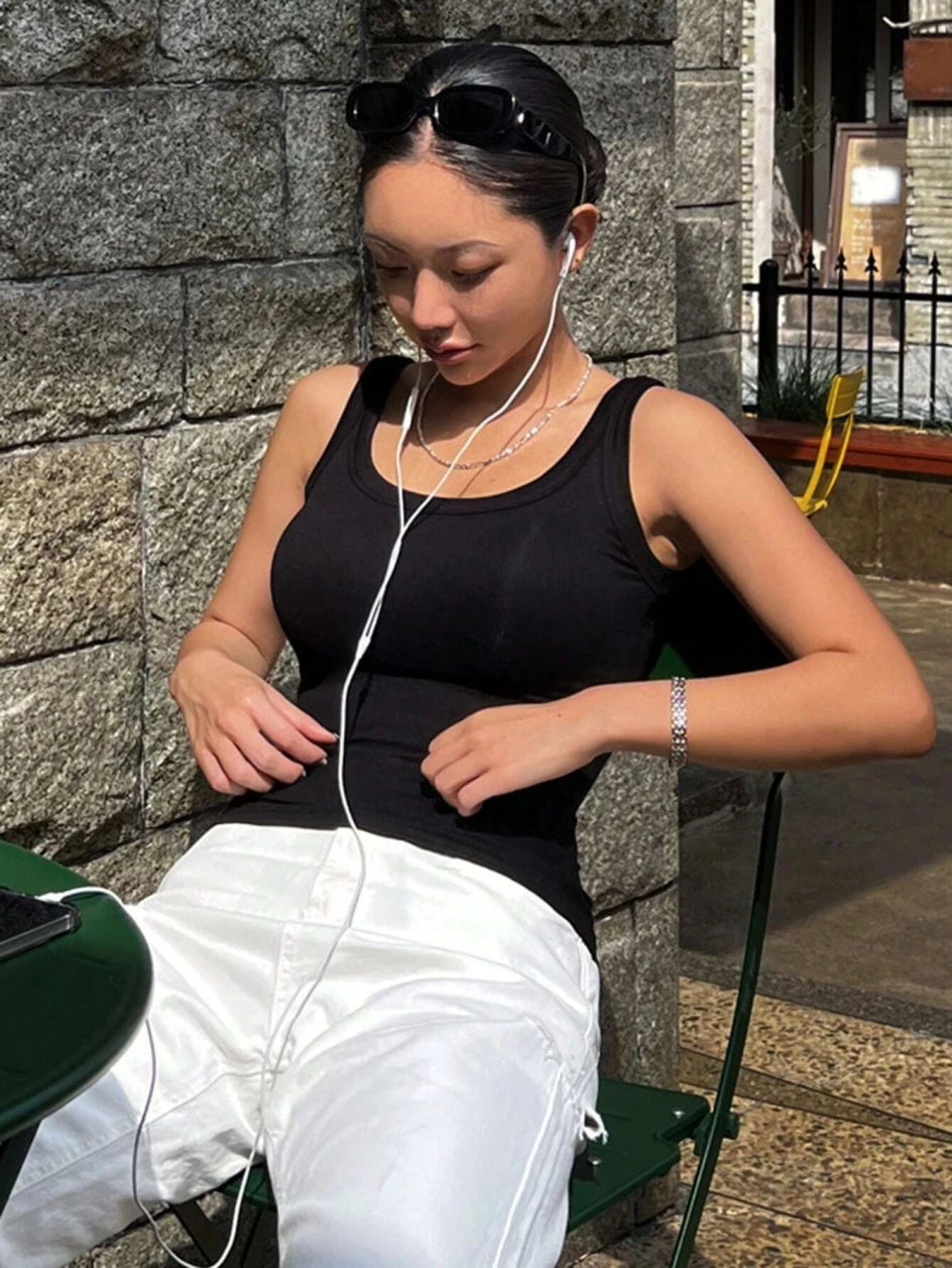 Fitted sleeveless casual sporty streetwear ribbed knit tank tops
