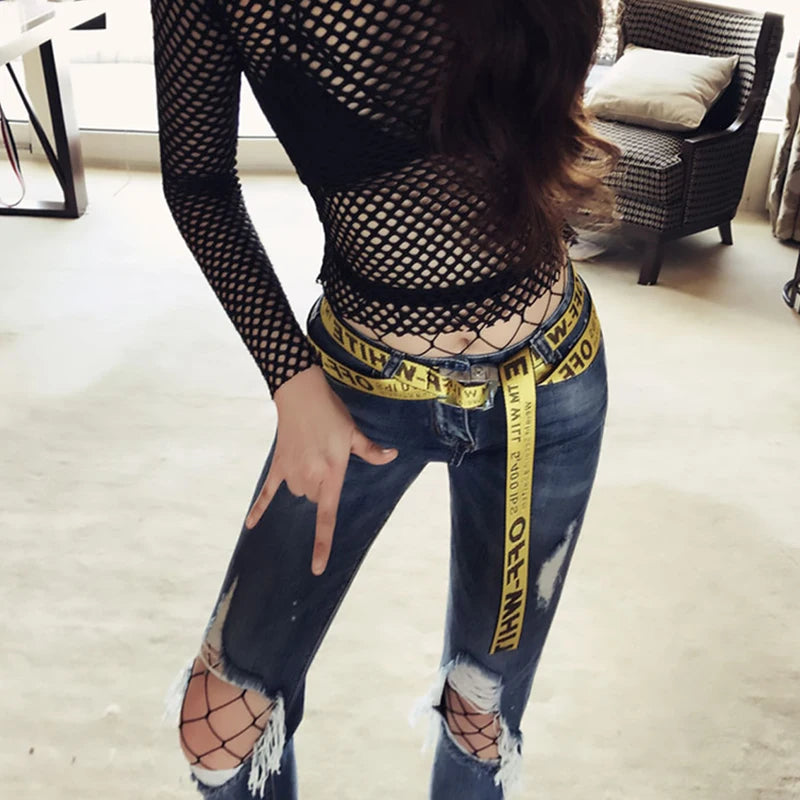 Short transparent mesh long-sleeve top for women