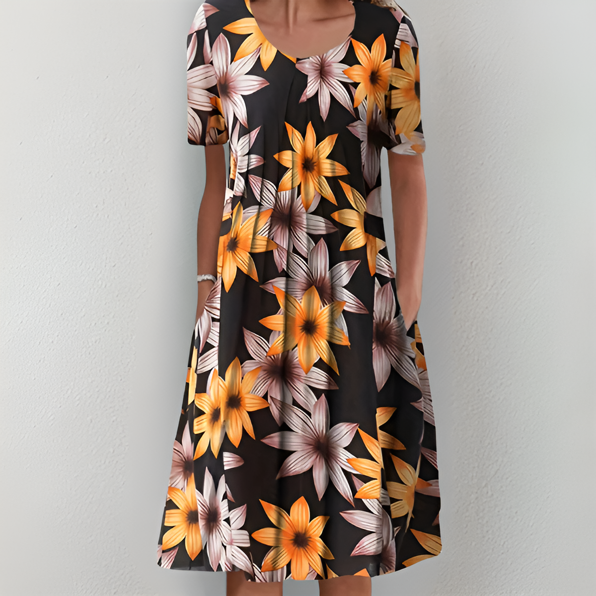 Elegant floral midi dress with pockets printed fluid chic summer