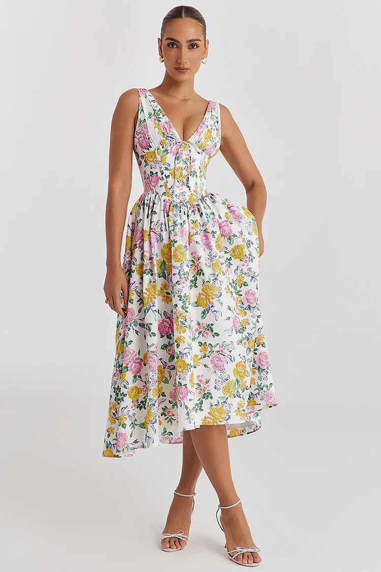 Summer midi garden evening dress sleeveless with floral print for women