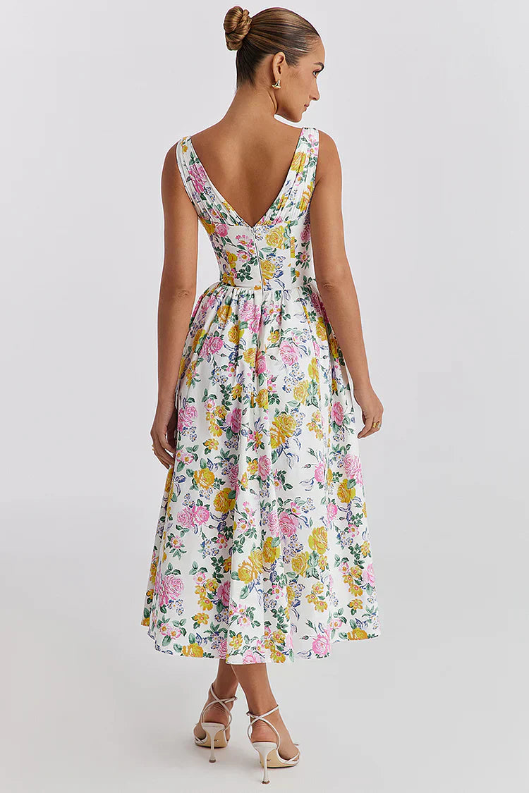 Summer midi garden evening dress sleeveless with floral print for women