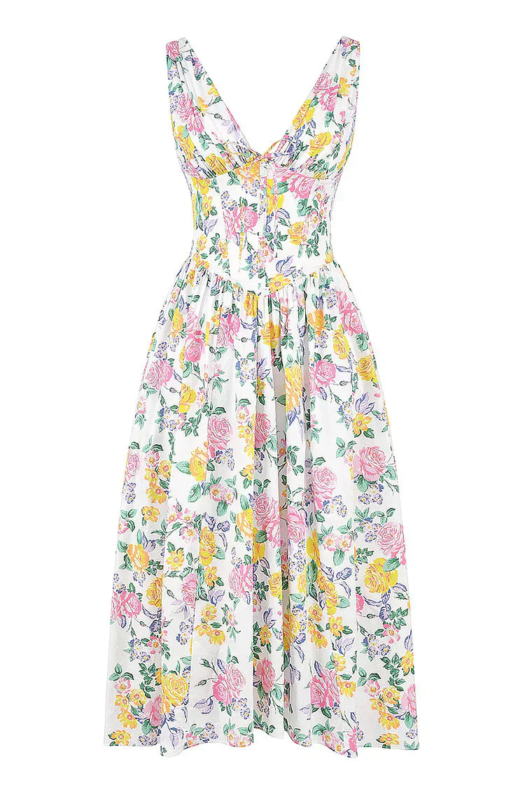 Summer midi garden evening dress sleeveless with floral print for women