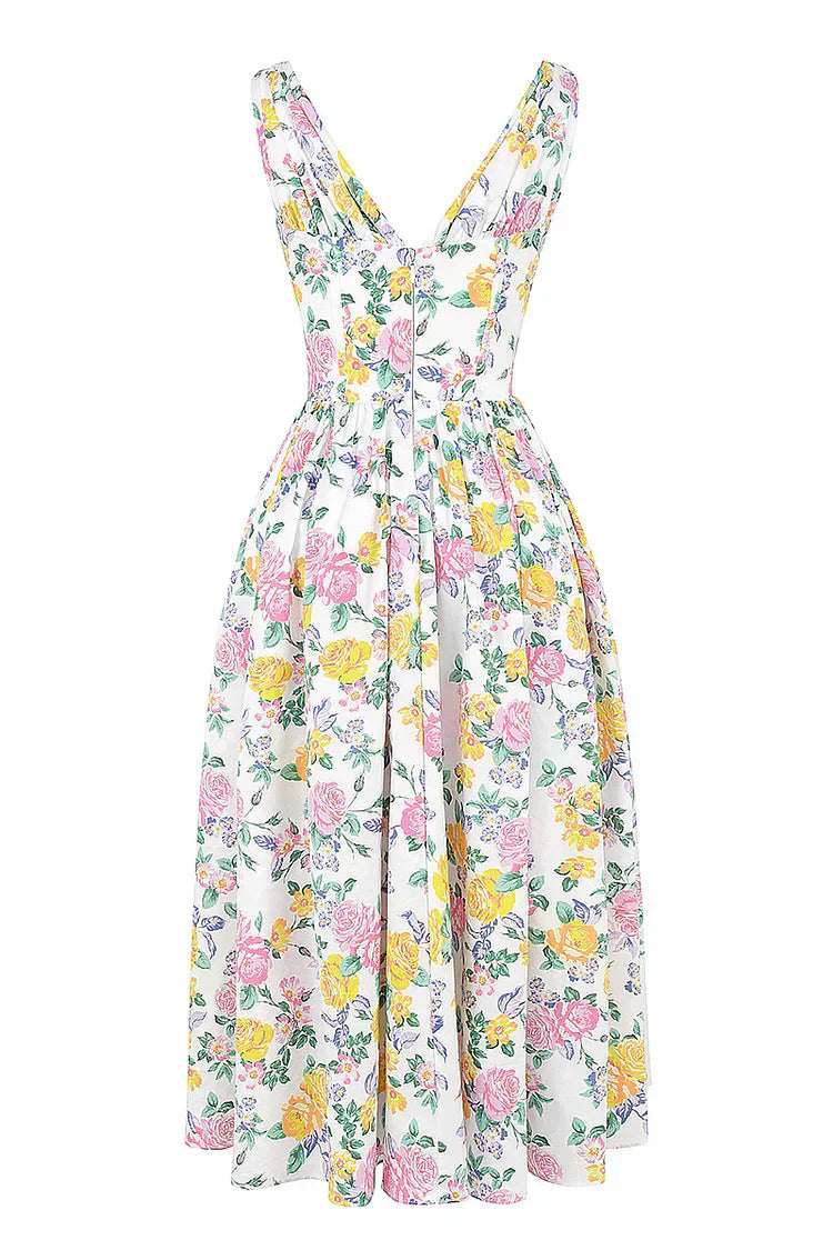 Summer midi garden evening dress sleeveless with floral print for women
