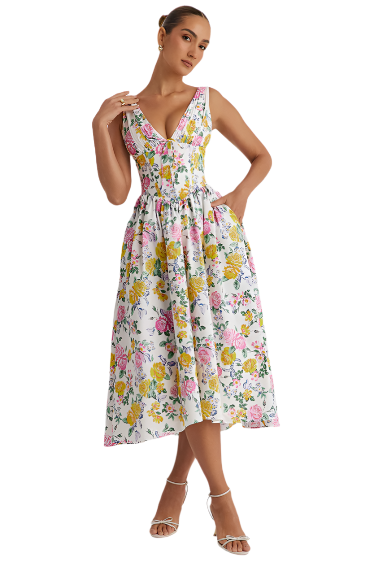 Summer midi garden evening dress sleeveless with floral print for women