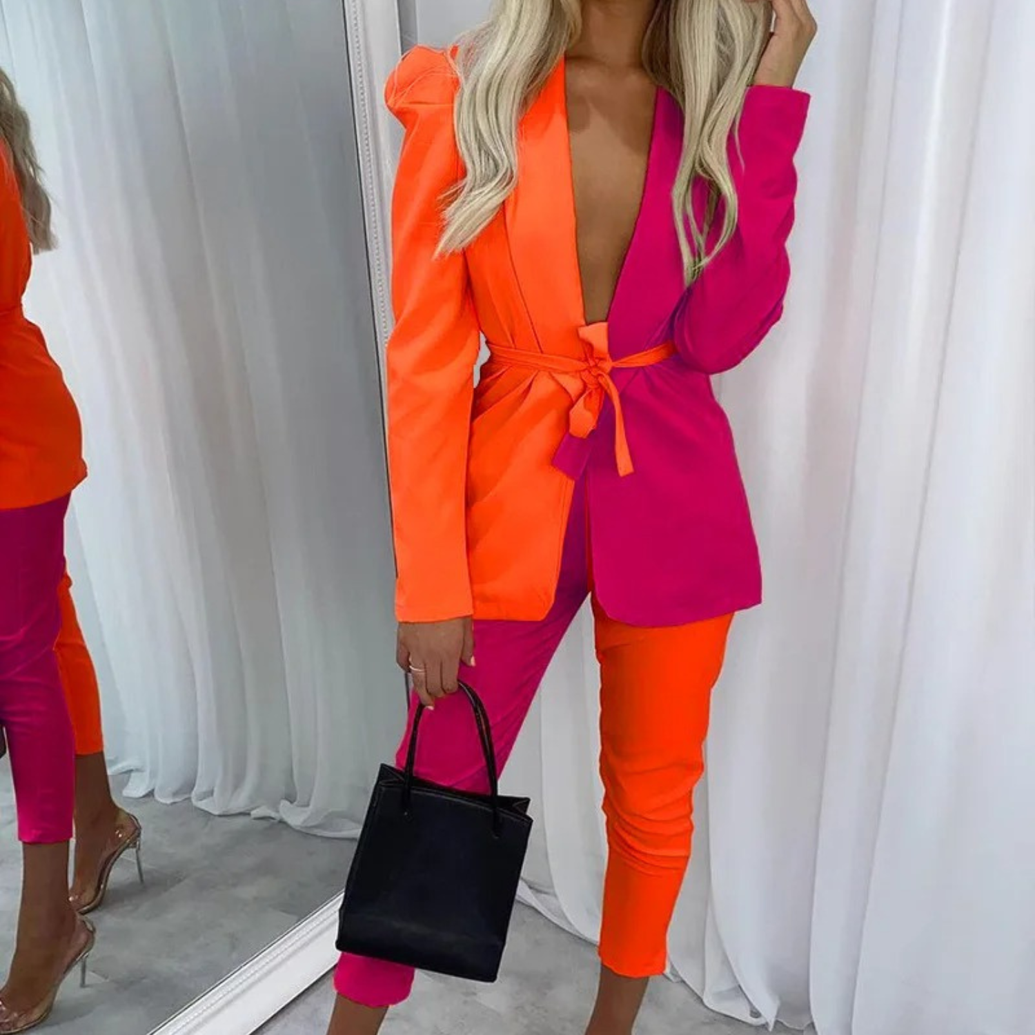 Veste de contraste de couleur + tailleur pantalon blazer pour femme