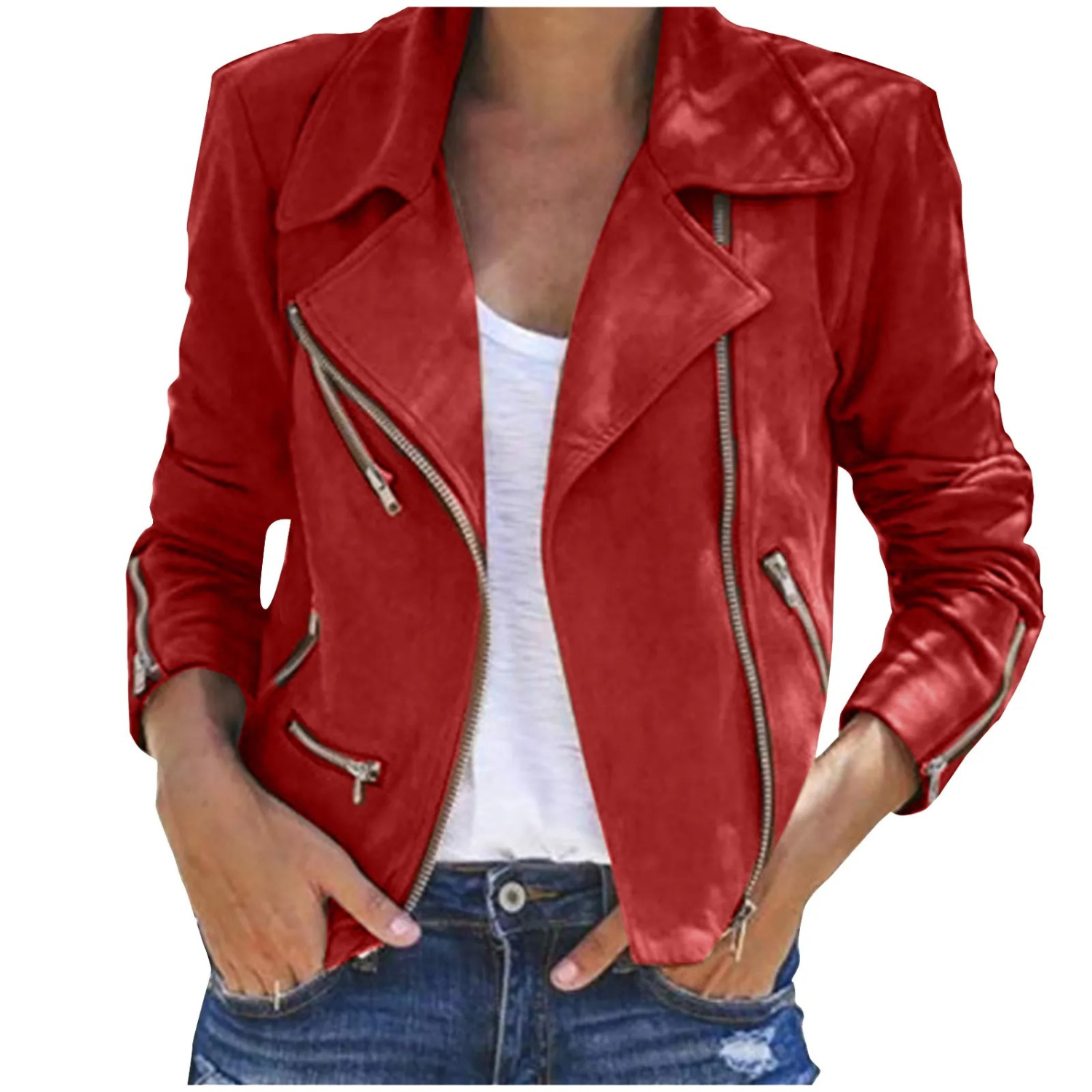 Veste d'été simple à col rabattu rouge avec fermeture éclair pour femme