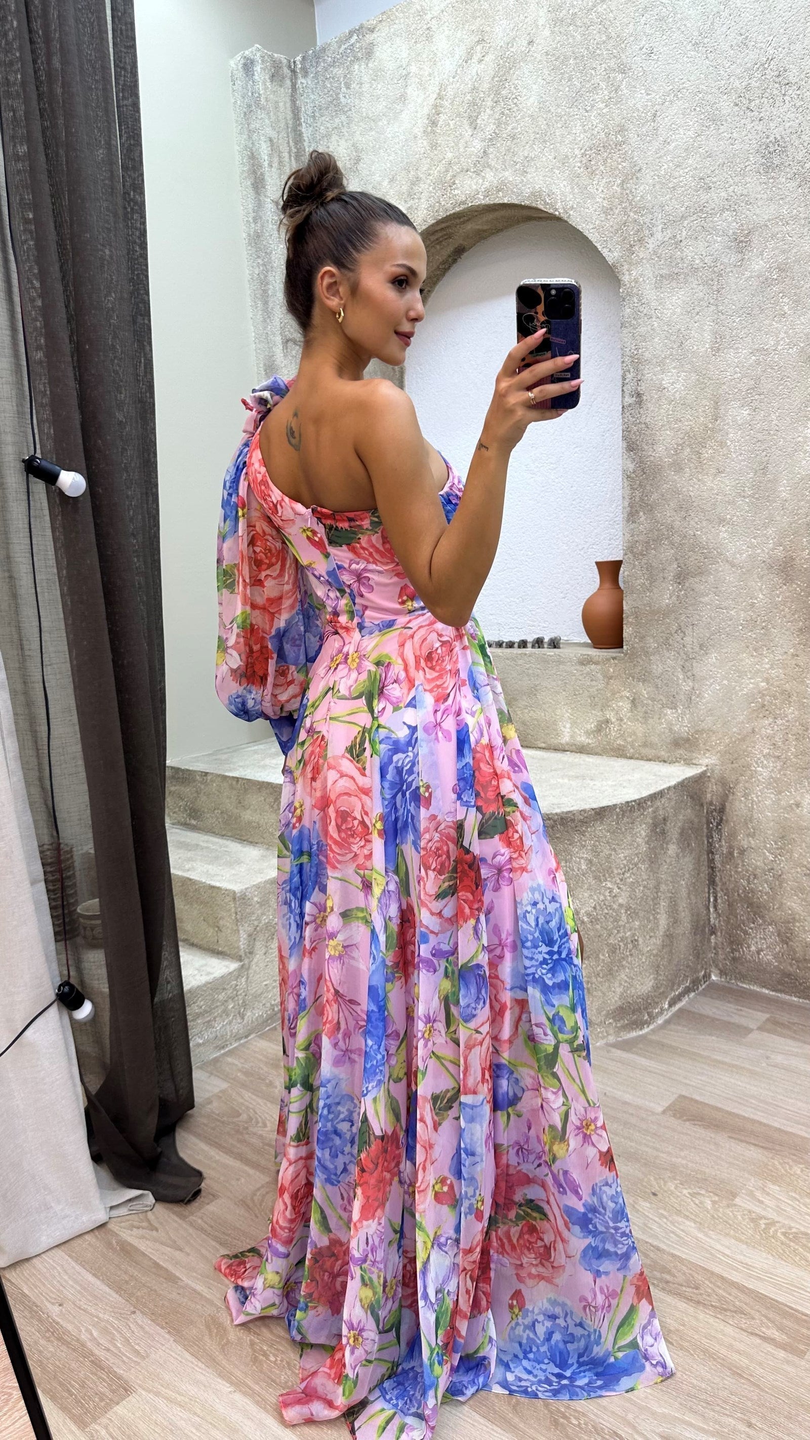 Asymmetrical floral garden evening dress with slit for women