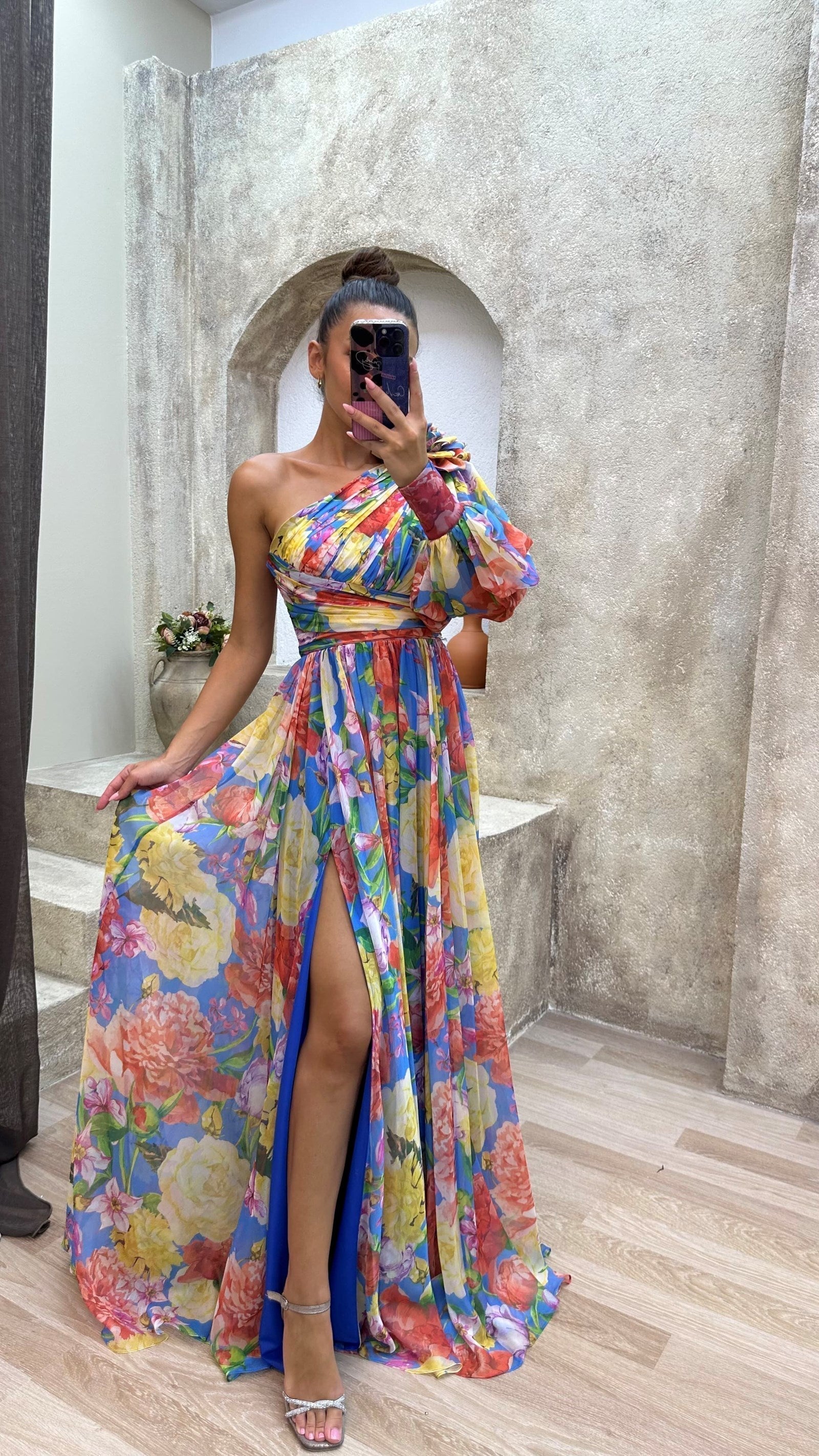 Asymmetrical floral garden evening dress with slit for women