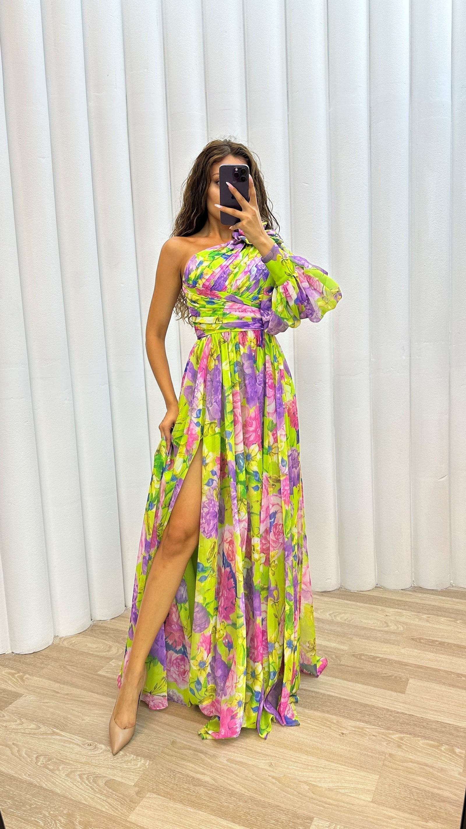Asymmetrical floral garden evening dress with slit for women