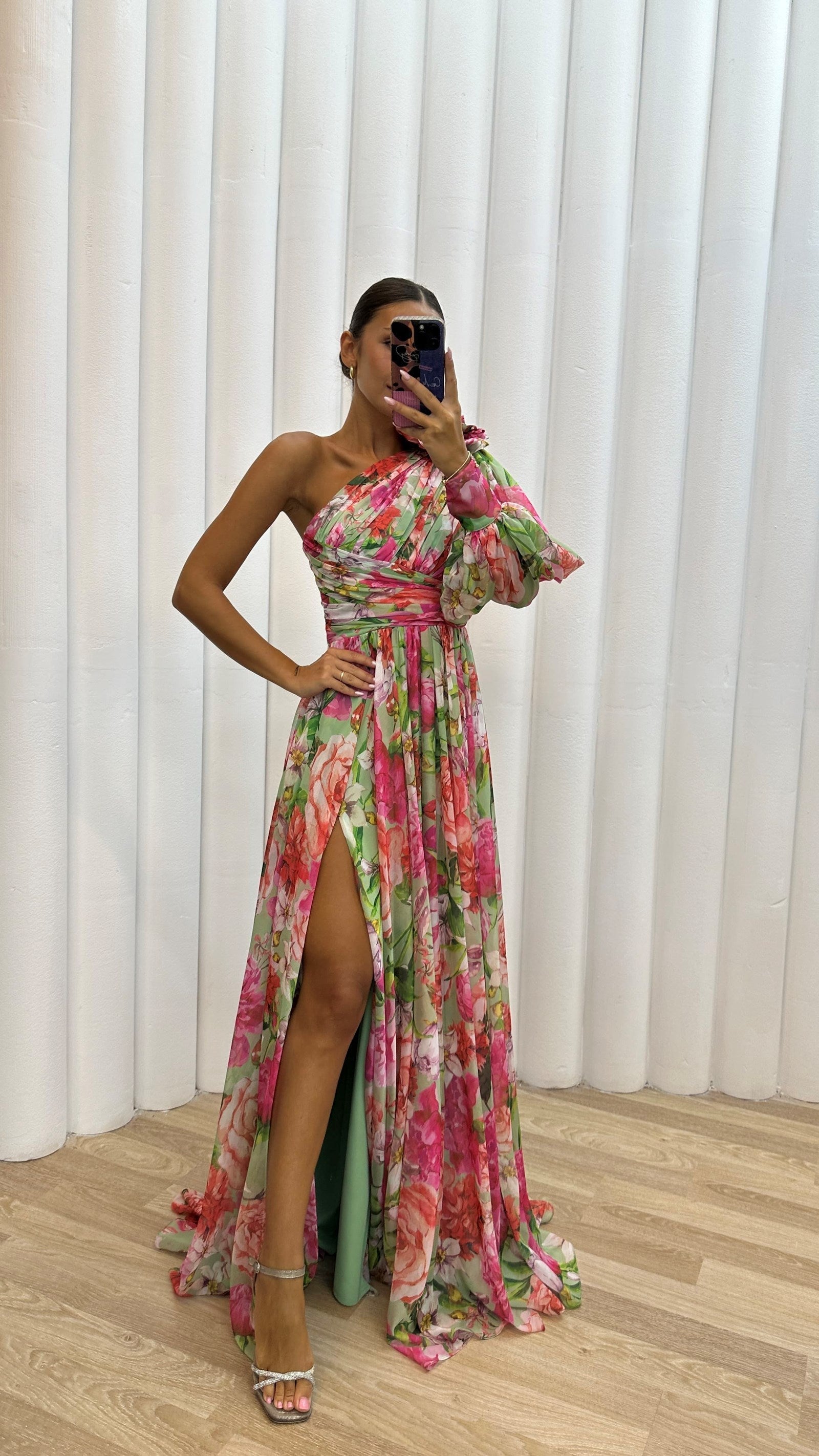 Asymmetrical floral garden evening dress with slit for women