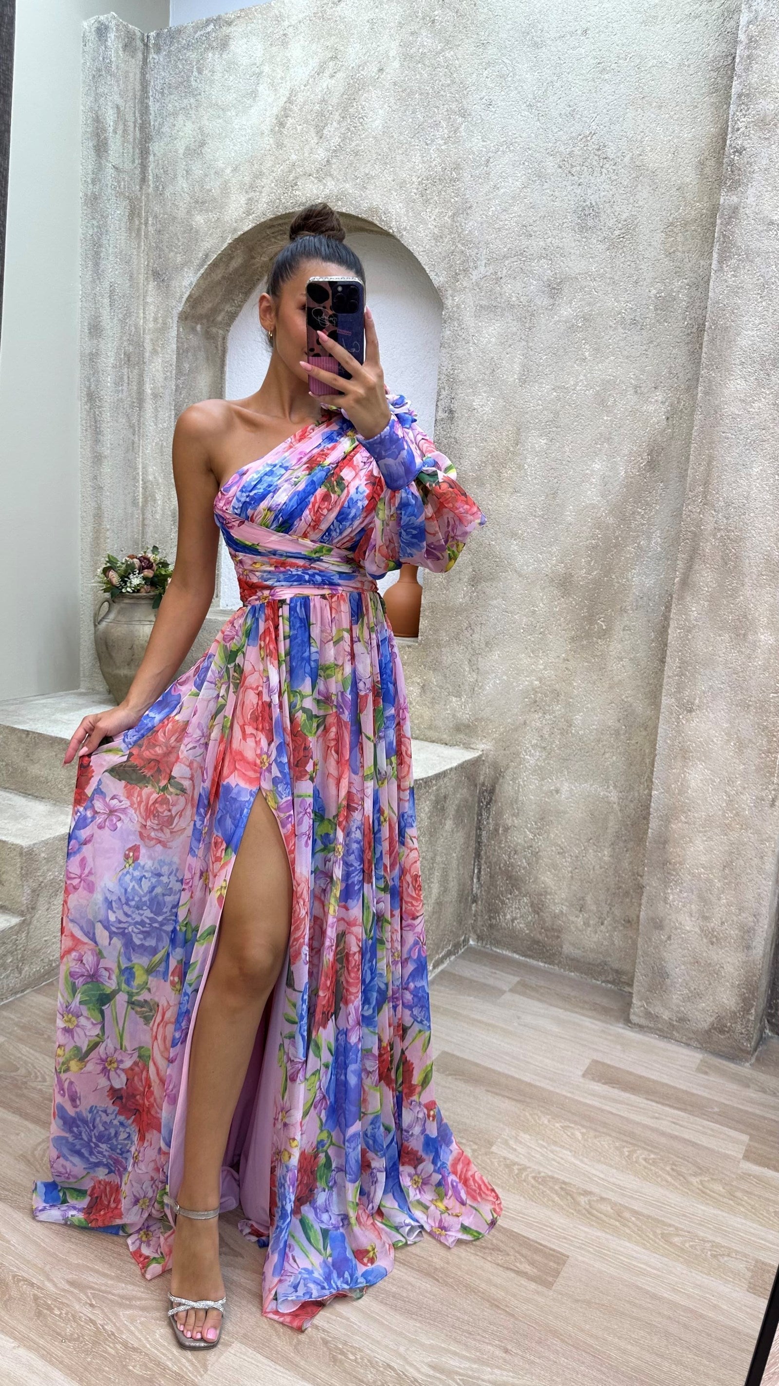 Asymmetrical floral garden evening dress with slit for women