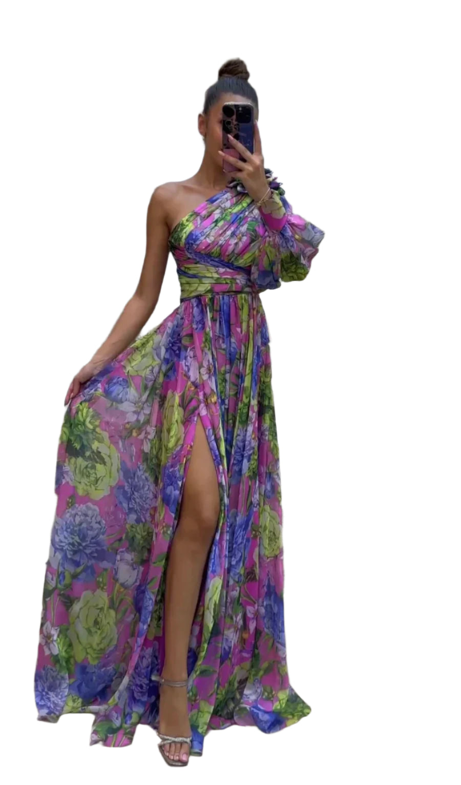 Asymmetrical floral garden evening dress with slit for women