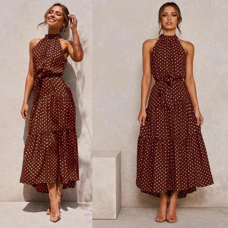 Mid-length fluid and elegant floral dress with open back and belt for women