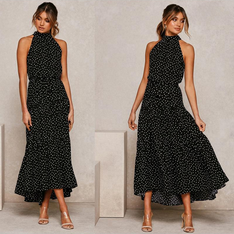 Mid-length fluid and elegant floral dress with open back and belt for women