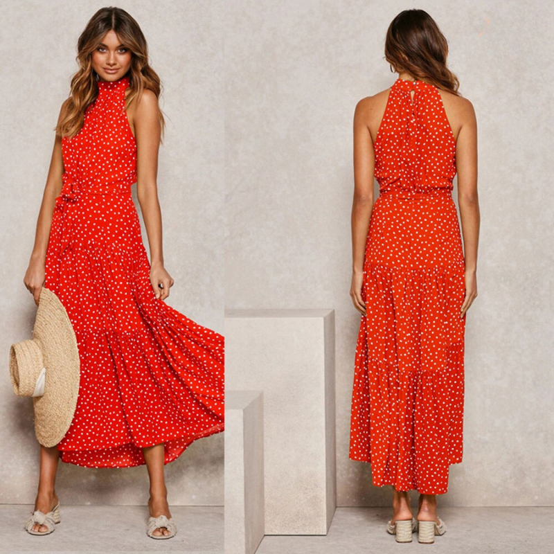 Mid-length fluid and elegant floral dress with open back and belt for women