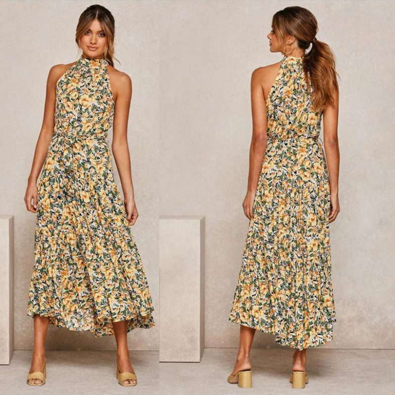 Mid-length fluid and elegant floral dress with open back and belt for women