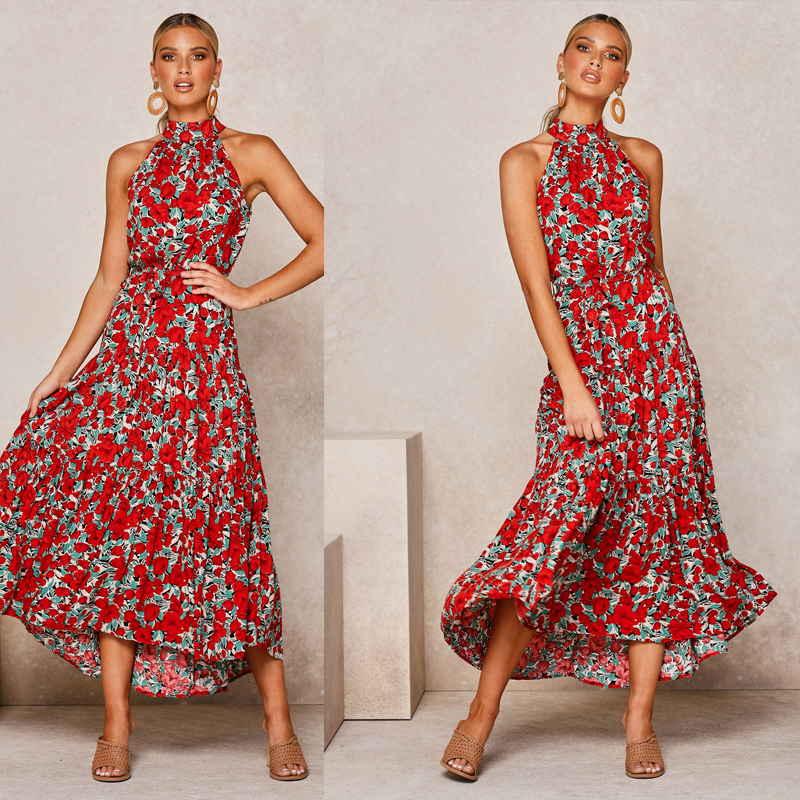 Mid-length fluid and elegant floral dress with open back and belt for women