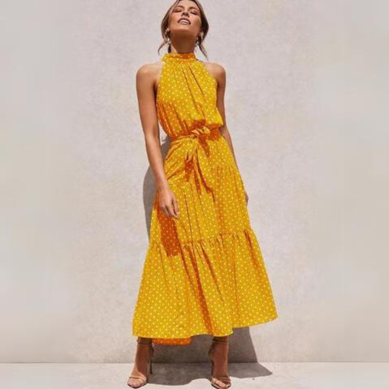 Mid-length fluid and elegant floral dress with open back and belt for women