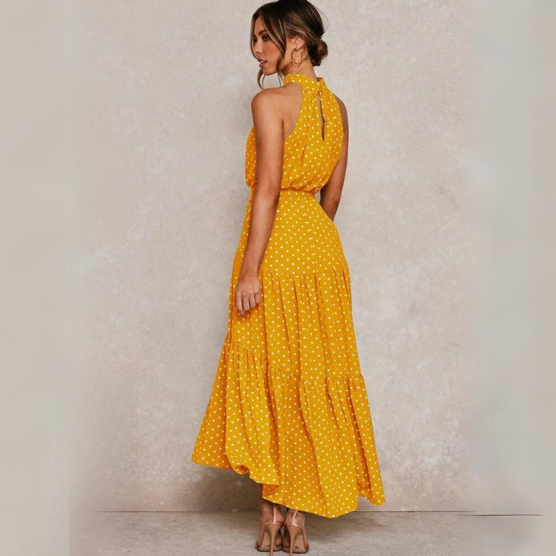 Mid-length fluid and elegant floral dress with open back and belt for women