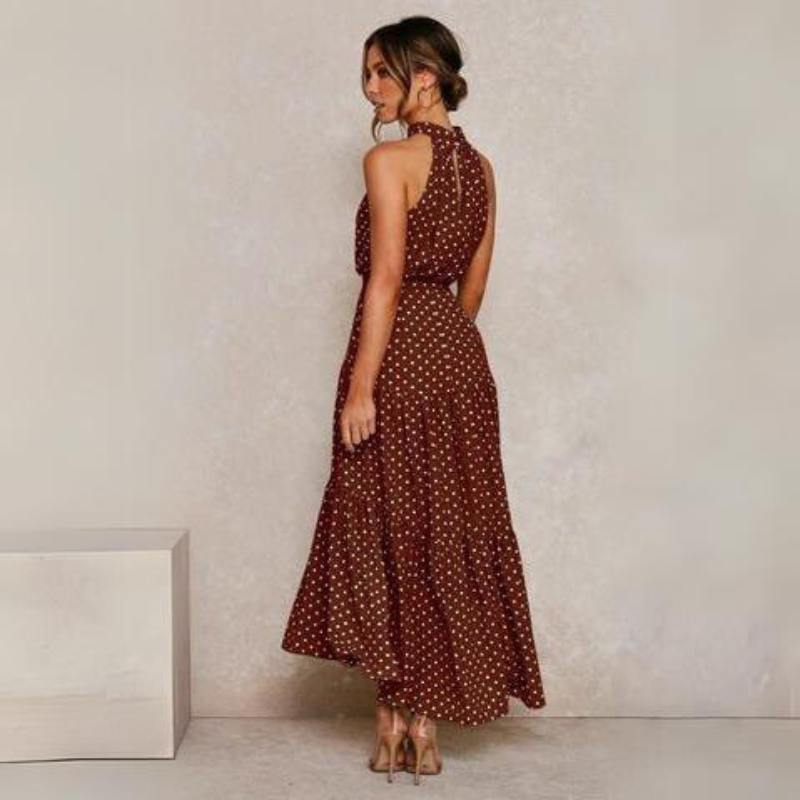Mid-length fluid and elegant floral dress with open back and belt for women