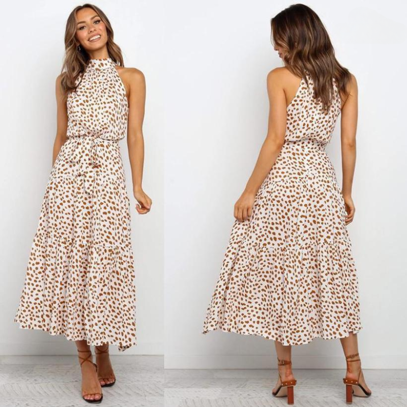 Mid-length fluid and elegant floral dress with open back and belt for women