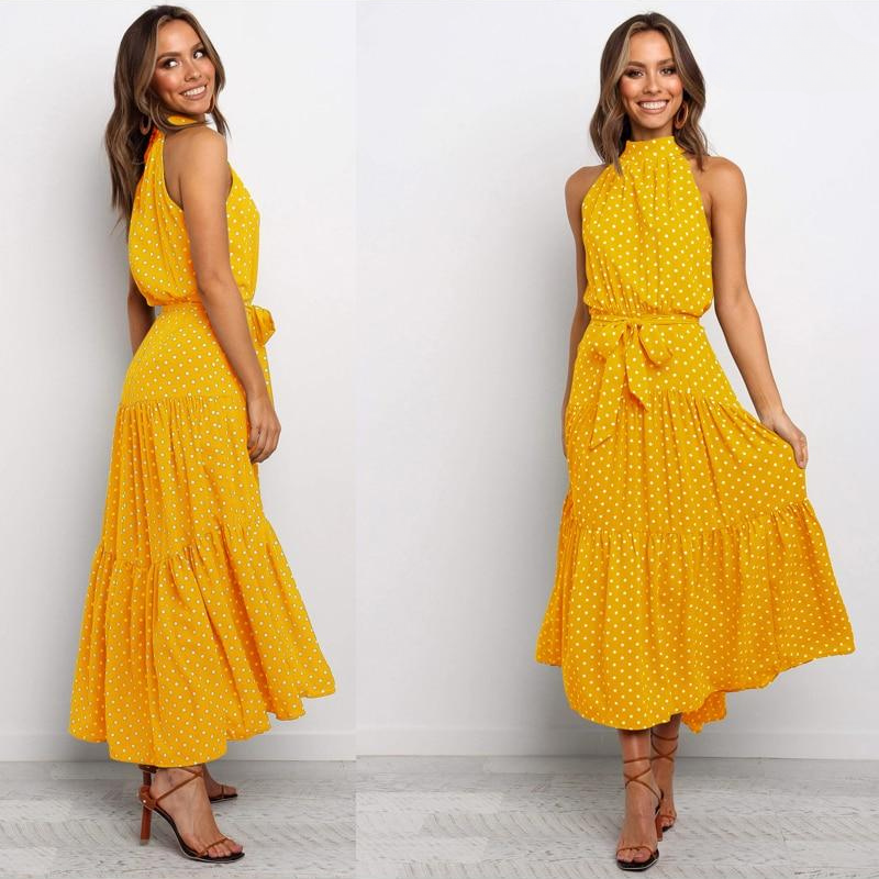 Mid-length fluid and elegant floral dress with open back and belt for women