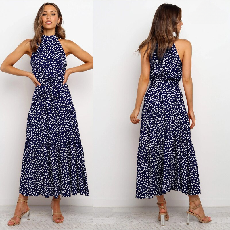 Mid-length fluid and elegant floral dress with open back and belt for women