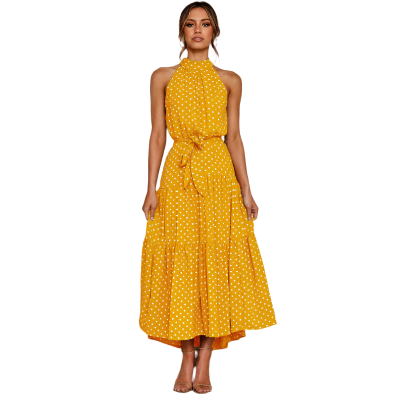 Mid-length fluid and elegant floral dress with open back and belt for women