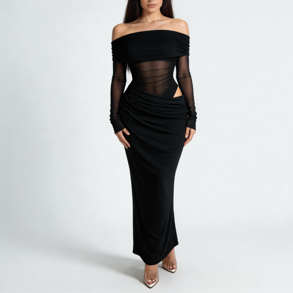 Yvonne | Off-the shoulder mesh long sleeve maxi dress