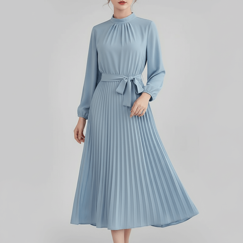 Yvonne | Pleated long sleeve midi dress with belt