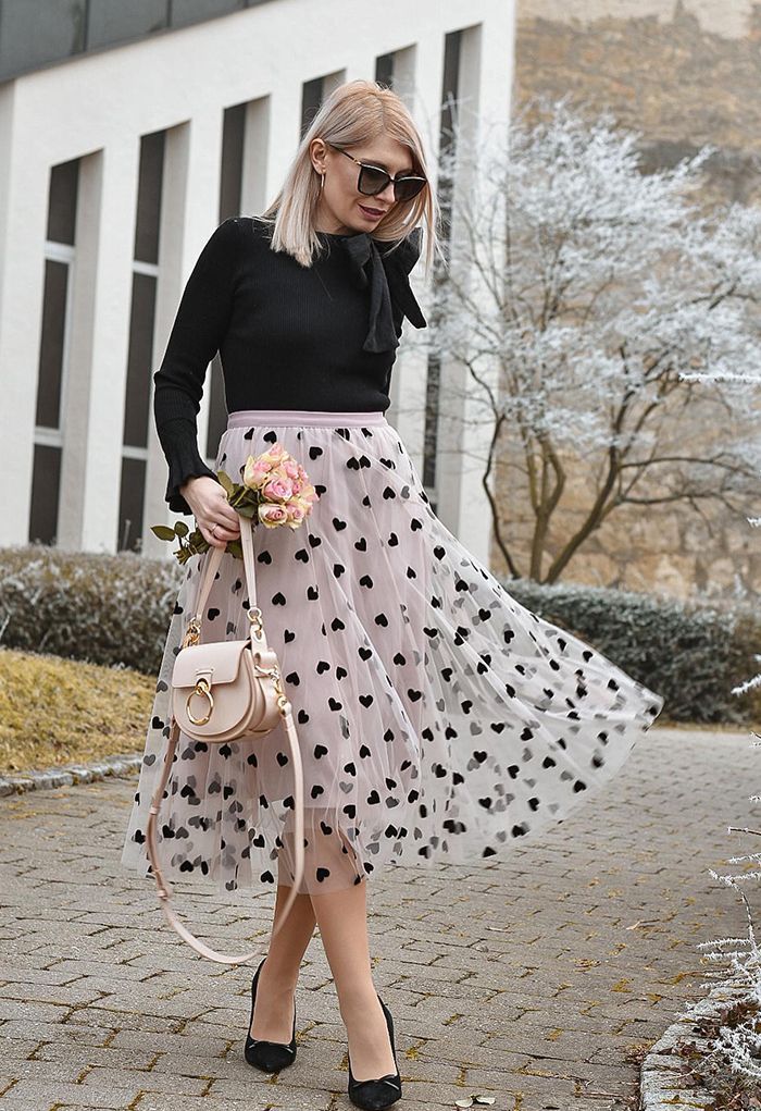 Long tulle skirt for women – with hearts, elegant double layer