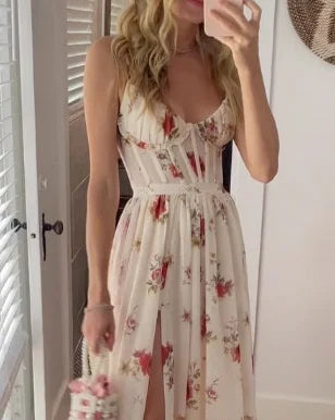 Long romantic floral garden evening dress with slit and ruffles